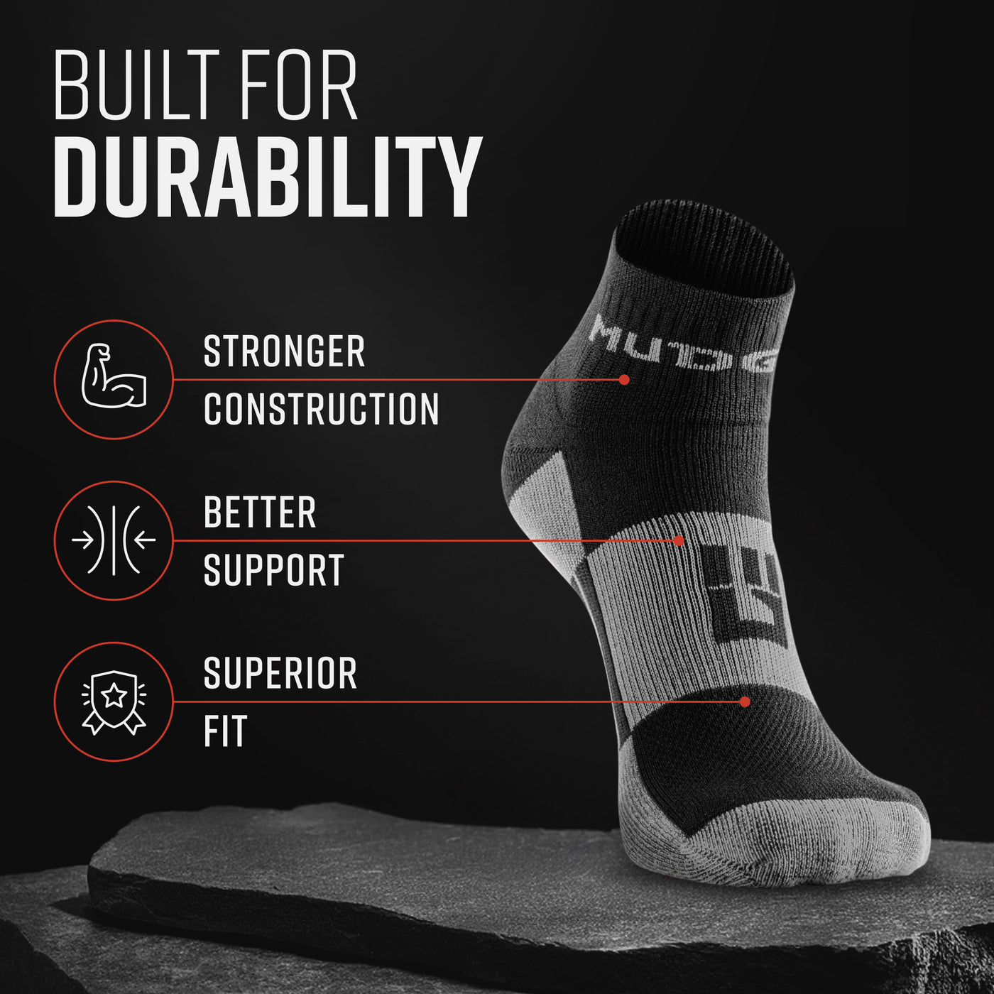 MudGear Quarter (¼) Crew Socks - Black/Gray (2 pair pack)