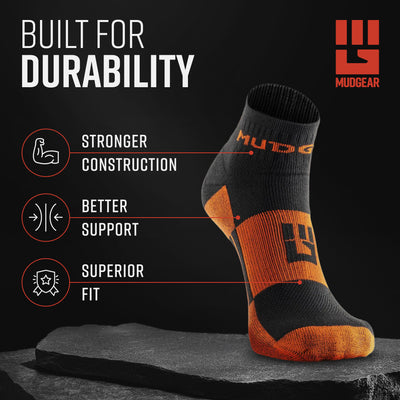 MudGear Quarter (¼) Crew Socks - Black/Orange (2 pair pack)